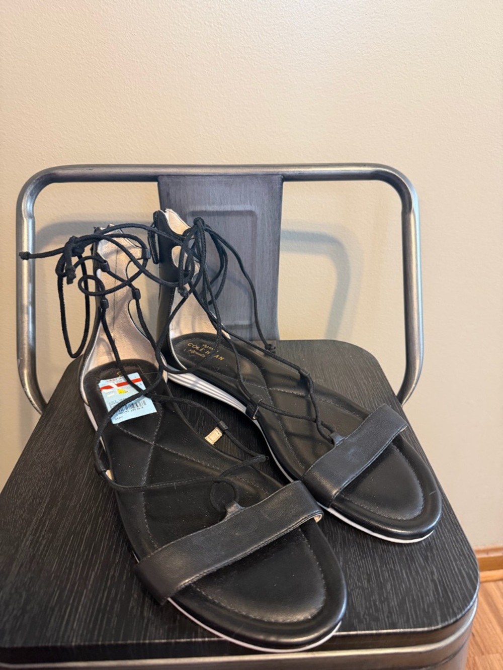 Cole Haan Grand.OS Lace Up Gladiator Sandals Black Leather Ankle Wrap Size 10B